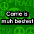 Green background with repeating peace symbols and text overlays reading 'Carie is muh bestest', 'buddy!', 'Erin is awesome!', and 'I love you Alex!' in black-outlined white font.