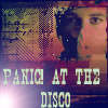 Pixelated image with stylized text 'PANIC AT THE DISCO' over a distorted face and abstract background patterns.