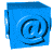 Blue cube with embossed @ symbol on one face, viewed from multiple angles in a