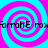 Four identical spiral patterns in cyan and magenta with repeated text overlay on a solid background.