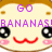Pixelated cartoon face with large black eyes, pink cheeks, red mouth, and purple text reading 'GO BANANAS!' on a light background.