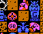 Pixel art of 12 distinct icons on black background with brown square , featuring pink/orange creatures, blue Greek-key vases, and white circular patterns