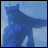 Blue-furred creature with large ears and a long tail stands against light blue background, right arm extended forward.