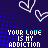 A 48x48 pixel animated buddy icon featuring a repeating pattern of white heart outlines and the text "YOUR LOVE IS MY ADDICTION" on a dark blue dotted background, displayed as a contact sheet with multiple frames showing consistent animation.