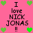 Pixelated pink background with green heart icons and repeated text "I love NICK JONAS !!" in black block letters.