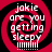 Four identical circular icons with red and black spiral backgrounds display white text reading "jokie are you getting sleepy" above a of vertical lines