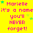 Yellow background with repeated pink text 'Marielle it's a name you'll NEVER forget!' and green star shapes.