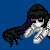 Animated contact sheet of a pixel-art character with long black hair and purple accents lying on a blue background, repeated across multiple frames showing subtle pose changes.