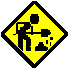 Yellow diamond-shaped warning signs with black borders show a stick figure digging with a shovel, each frame depicting sequential motion of the figure's arm and shovel.