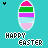 Pixelated Easter egg with horizontal stripes in pink, green, purple, light blue, and pale pink on a cyan background, below which reads 'HAPPY EASTER' in blocky text.