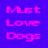 Pixelated image with blue background displaying 'Met Love Dogs' text in pink, next to a white dog on black and gray backdrop.