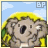 Pixelated koala with yellow hair and green clothing, resting chin on hand against blue sky background.