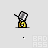 Pixelated character in yellow pants and gray top with multiple poses including raised arm, head tilt, and crouching.