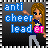 Pixel art image with blue text 'anti cheer leader' and a cartoon character holding pink 'er' over dark background with black-and-white striped border.