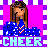 Pixel art icon of a cheerleader character with long brown hair wearing a blue and white uniform, standing against a pink background with purple-and-white checkered border.