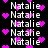 Black background with white text 'Natalie' repeated in multiple , surrounded by scattered pink heart shapes