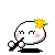 Pixelated character with white round head, pink cheeks, yellow flower on left side of head, black limbs holding a dark object, and shadow beneath.