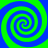 Four spirals in alternating blue and green colors arranged symmetrically around a central point on a solid background.