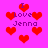 Pixelated red hearts and purple text reading "I Love Jenna" on a bright pink background with scattered heart shapes.