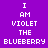 Pixelated text on purple and brown backgrounds with white lettering, displaying 'I AM VIOLET THE BLUEBERRY' in a