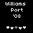 Black background with white pixelated text 'Williams Port '08' and five heart icons, one grayed out in the center.