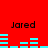 Red background with repeated black text 'Jared' and cyan horizontal bar patterns in two