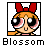 Pixelated cartoon character with orange hair, red bow, large black eyes with white highlights, and pink cheeks inside a black square frame above the word 'Blossom' in blocky pixel font.