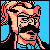 Pixelated 50x50 static buddy icon featuring a stylized character with pink hair, black glasses, and blue background elements.