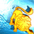 Pixelated yellow cartoon lion with blue mane and tail against a light blue gradient background, appearing to run or gallop in a static single-frame image.