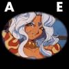 Three oval anime-style character portraits with white letter labels A and E above each, set against a black background.
