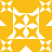 A static pixel art design featuring a central white cross with four square extensions on each arm, surrounded by eight smaller white star-like shapes against a solid yellow background.