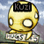 Animated pixel art character with yellow skin, large white eyes, and a black 'Kuzi' label on its head appears in multiple poses including holding a red heart.