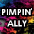 Pixelated text 'PIMPIN' ALLY' in white block letters on black background with colorful abstract pixel art backdrop.