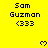 Yellow background displays repeated 'Sam Guzman <333' text with pixelated heart symbols appearing in below each name block