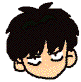 Pixelated cartoon head with black spiky hair, light skin tone, and four distinct eye expressions