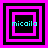 Four square display a sequence of nested pink and black squares with cyan text reading 'micaila' in each