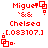 Red pixel art displays four identical with text and symbols on white background, each showing "Miguel" above "& &", then "Chelsea", followed by ".[.083107.]", ending with a square-dot symbol