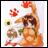 Pixelated anime-style character in orange outfit with green accents, holding red flower-like object, surrounded by red paw prints and yellow circular symbols on white background.