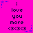 A bright pink background displays three identical vertical of text and symbols, each containing 'i love you more <3<3<3' with blue star accents at the corners