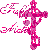 Pixelated pink and white icon with flowing ribbon-like elements, featuring a central figure in dynamic pose against gray background.