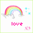 Pixelated rainbow with clouds and blue bubbles, pink text reading 'love' and 'is just over' on white background with light green border.