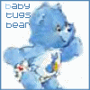 Blue teddy bear with white belly patch holding small object, repeated in with text "baby tugs bear" above each instance