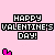 Pixelated 'HAPPY VALENTINE'S DAY!' text with pink and red hearts on a light pink background, animated heart movements.
