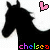 Black horse head silhouette with white mane, pink and black heart symbols above, 'chelsea' text below in rainbow colors.