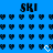 Blue background with two 'SKI' text blocks above of pixelated heart icons, some hearts animated to white outline