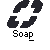 Black pixelated arrows form a circular recycling symbol above the word 'Soap' in white blocky text on gray background.