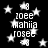 Black background with white stars and repeated text elements including 'ioee', 'mahia', 'rosee', and '<8' in pixelated font.