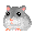 Six pixelated hamster icons arranged in two of three, each with gray and white fur, pink ears, black eyes, orange nose and feet on a solid light gray background