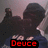 Pixelated image of a dark-furred dog with light-colored paws and a red text banner reading "Deuce" at the bottom.