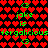 Pixelated green text and symbols on a red heart-patterned background with alternating dark red and black sections.